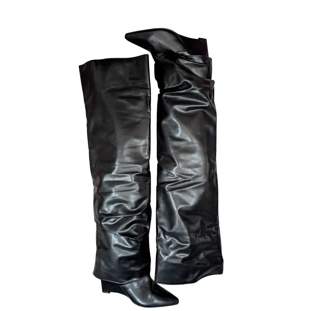 NWOT! FASHION NOVA! BLACK VEGAN LEATHER, THIGH HIGH, FOLD TO ANKLE BOOTS! SZ 11M